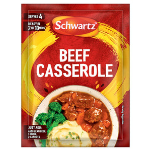 A red and yellow packet of Schwartz Beef Casserole Recipe Mix 38G is shown next to a serving suggestion of the finished dish in a bowl with mashed potatoes and broccoli.