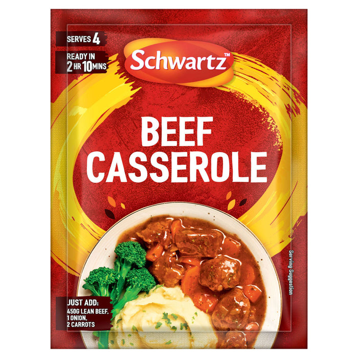 A red and yellow packet of Schwartz Beef Casserole Recipe Mix 38G is shown next to a serving suggestion of the finished dish in a bowl with mashed potatoes and broccoli.