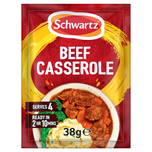 A packet of Schwartz Beef Casserole Recipe Mix 38G featuring a serving suggestion of a hearty beef stew with carrots and mashed potatoes.
