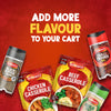 An advertisement for Schwartz products features a package of Schwartz Beef Casserole Recipe Mix 38G, a Chicken Casserole mix, and jars of Black Pepper, Crushed Chilli, and Garlic Salt, all arranged on a red background with the text, Add more flavour to your cart.