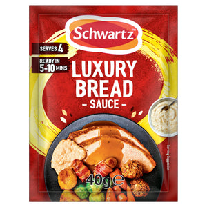 A 40g packet of Schwartz Luxury Bread Sauce 40G featuring a serving suggestion of a traditional roast dinner with turkey and vegetables.