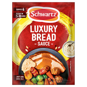 The red packet of Schwartz Luxury Bread Sauce 40G is shown with a serving suggestion of a roast turkey dinner, complete with the prepared sauce.