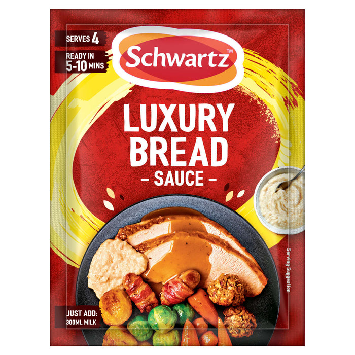 The red packet of Schwartz Luxury Bread Sauce 40G is shown with a serving suggestion of a roast turkey dinner, complete with the prepared sauce.