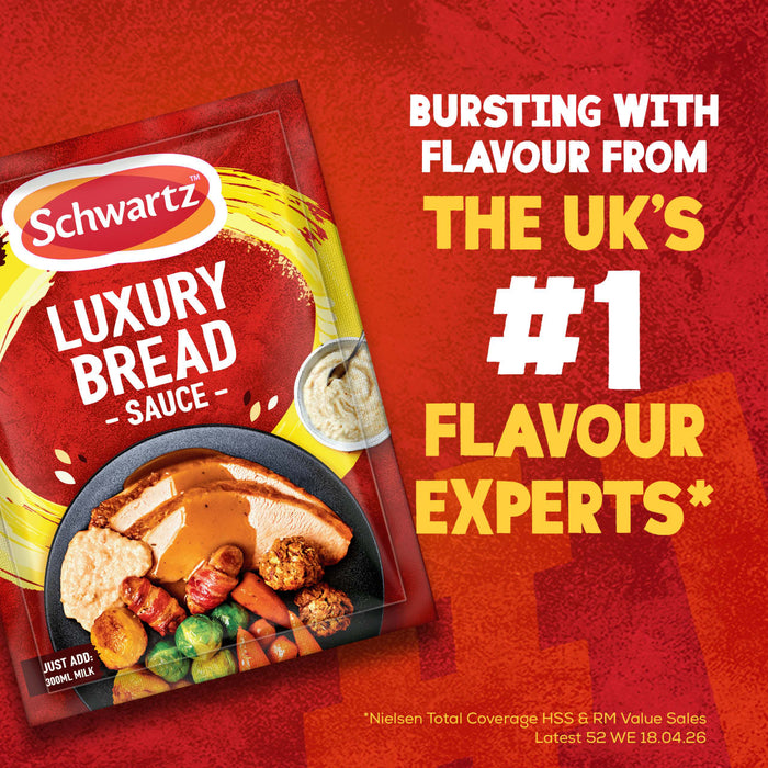A promotional image features a packet of Schwartz Luxury Bread Sauce 40G next to a roast dinner, with text highlighting that it's from the UKs number one flavour experts.