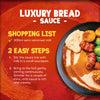 A recipe card for Schwartz Luxury Bread Sauce 40G shows the simple two-step instructions and a shopping list next to a plated roast dinner featuring the finished, creamy sauce.