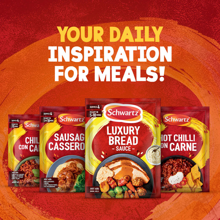 An advertisement for Schwartz meal mixes, featuring a packet of Schwartz Luxury Bread Sauce 40G in the center, offers daily inspiration for meals with other products like Chilli and Sausage Casserole.