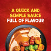 A delicious roast dinner with sliced turkey, vegetables, and gravy is served with a dollop of creamy Schwartz Luxury Bread Sauce 40G, under the text A quick and simple sauce full of flavour.