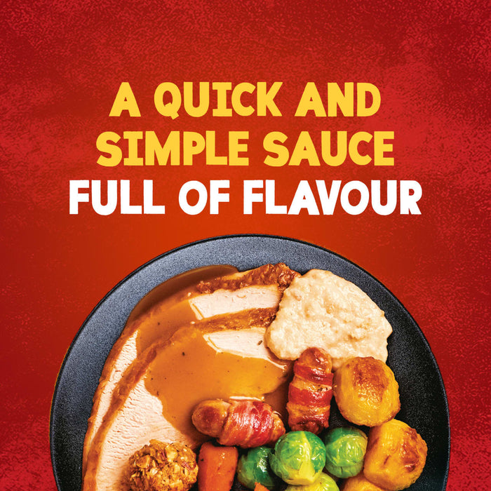 A delicious roast dinner with sliced turkey, vegetables, and gravy is served with a dollop of creamy Schwartz Luxury Bread Sauce 40G, under the text A quick and simple sauce full of flavour.