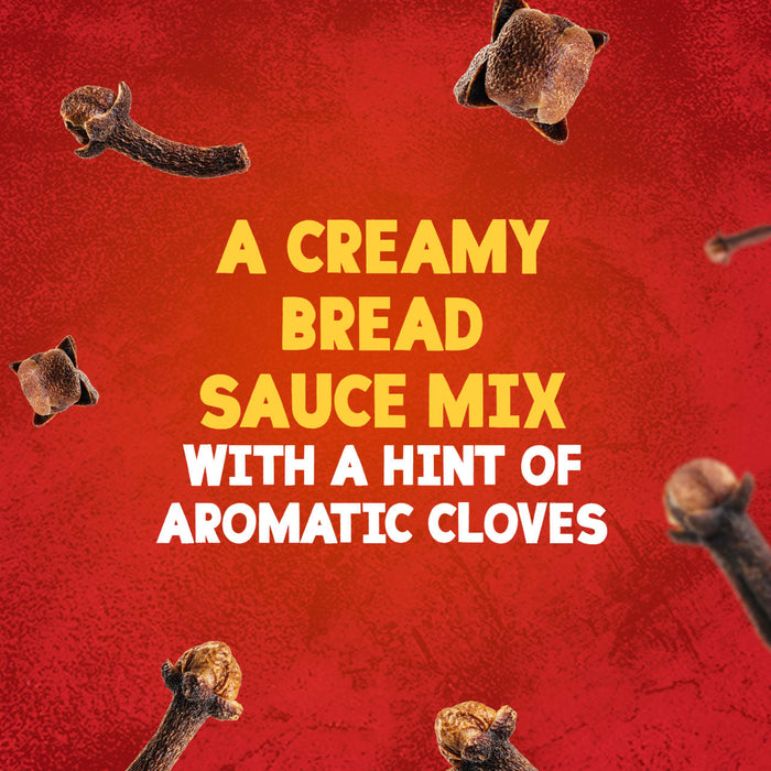 An advertisement for Schwartz Luxury Bread Sauce 40G shows whole cloves floating over a red background with text describing a creamy bread sauce mix with a hint of aromatic cloves.