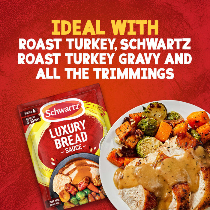 A packet of Schwartz Luxury Bread Sauce 40G is shown next to a plate of roast turkey with gravy and roasted vegetables, illustrating a perfect serving suggestion.