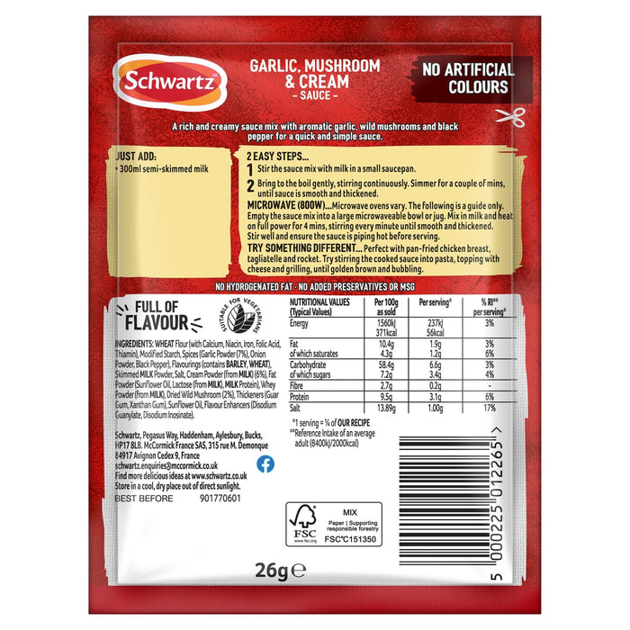 The back of a red and yellow packet of Schwartz Garlic & Mushroom Sauce 26G provides detailed cooking instructions, nutritional values, and a full list of ingredients.