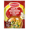 A packet of Schwartz Garlic & Mushroom Sauce 26G featuring a creamy sauce served over chicken and pasta that is ready in 5 to 10 minutes.