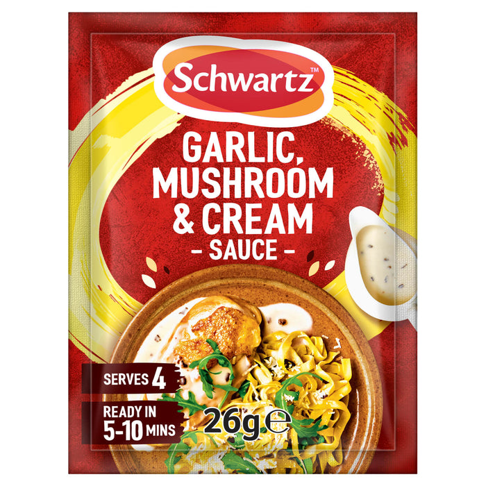 A packet of Schwartz Garlic & Mushroom Sauce 26G featuring a creamy sauce served over chicken and pasta that is ready in 5 to 10 minutes.