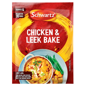 A package of Schwartz Chicken & Leek Bake Recipe Mix 35G featuring a serving suggestion of a creamy golden bake alongside green beans and roasted potatoes.