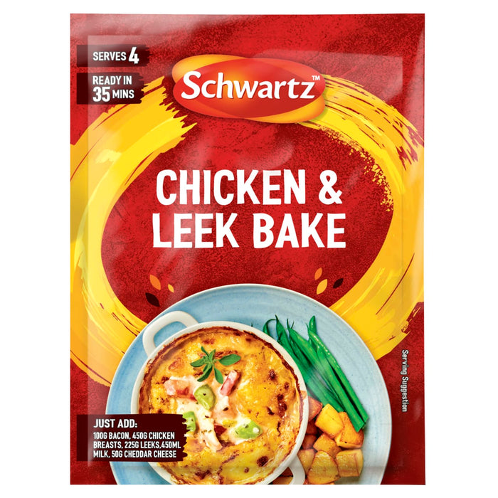 A package of Schwartz Chicken & Leek Bake Recipe Mix 35G featuring a serving suggestion of a creamy golden bake alongside green beans and roasted potatoes.