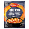 A packet of Schwartz One Pan Italian Cheesy Chicken & Garlic Pasta 32G featuring a vibrant orange and blue design with a photo of the finished pasta dish in a black skillet.