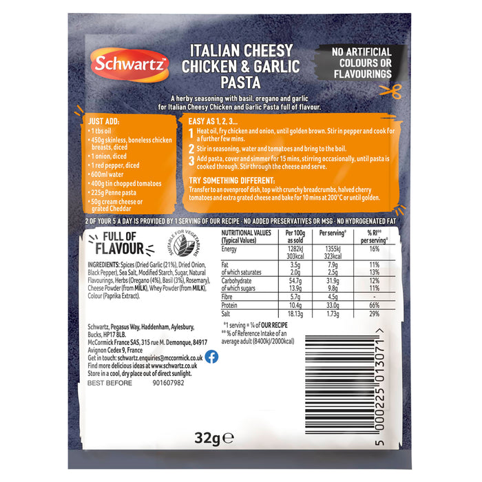 The back of a packet of Schwartz One Pan Italian Cheesy Chicken & Garlic Pasta 32G provides cooking instructions, nutritional information, and a full list of ingredients.