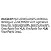 A list of ingredients for Schwartz One Pan Italian Cheesy Chicken & Garlic Pasta 32G including spices like dried garlic and onion, sea salt, herbs, and cheese powder from milk.