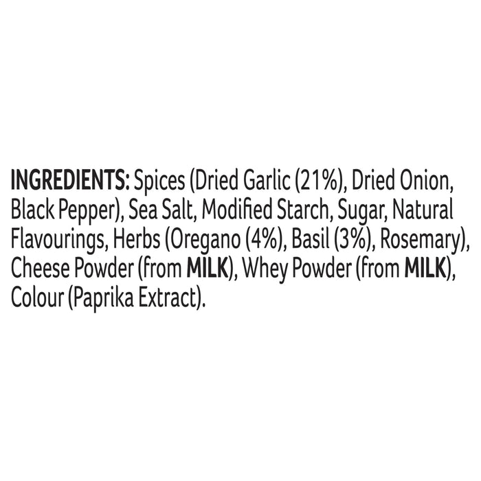 A list of ingredients for Schwartz One Pan Italian Cheesy Chicken & Garlic Pasta 32G including spices like dried garlic and onion, sea salt, herbs, and cheese powder from milk.