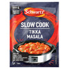 A packet of Schwartz Slow Cook Tikka Masala 35G featuring a slow cooker filled with a creamy chicken curry and a list of fresh ingredients to add.