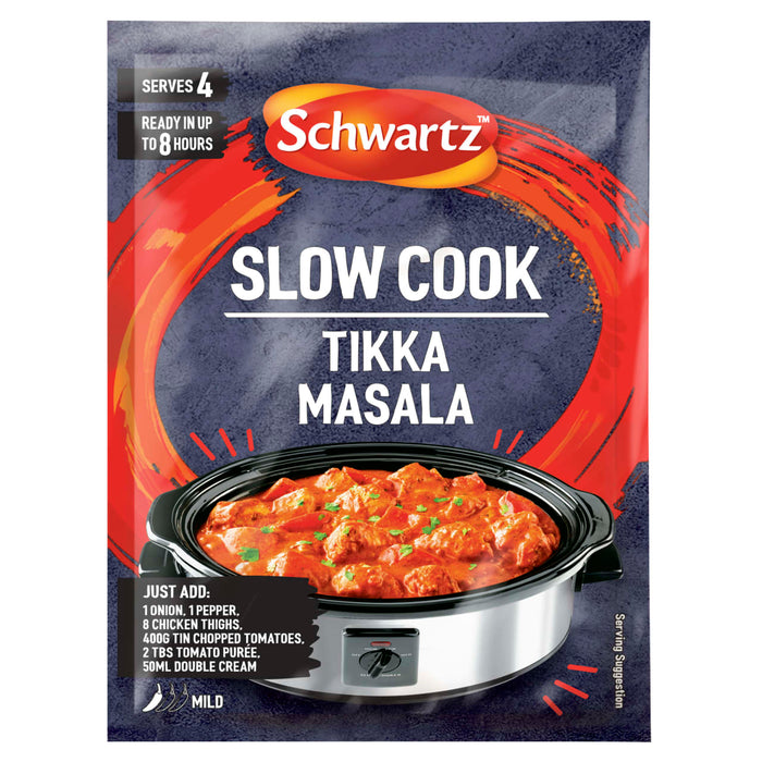 A packet of Schwartz Slow Cook Tikka Masala 35G featuring a slow cooker filled with a creamy chicken curry and a list of fresh ingredients to add.