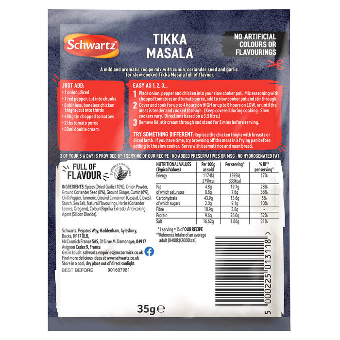 The back of a packet of Schwartz Slow Cook Tikka Masala 35G provides detailed cooking instructions, a list of required fresh ingredients, and a full nutritional information table.