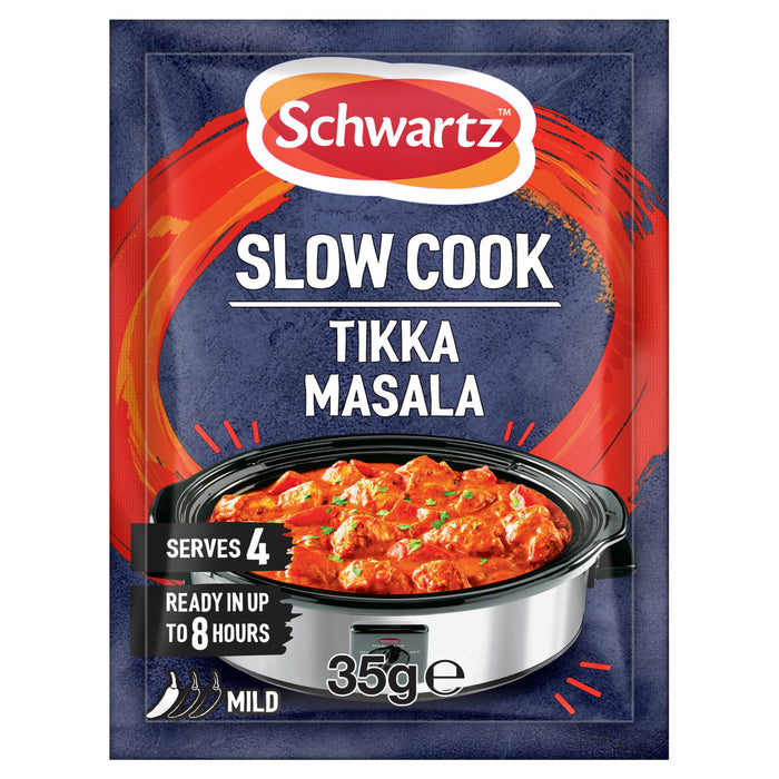 A packet of Schwartz Slow Cook Tikka Masala 35G featuring a mild spice rating and a visual of the finished curry in a slow cooker.