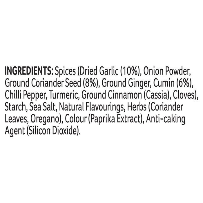 The ingredient list for Schwartz Slow Cook Tikka Masala 35G includes spices like dried garlic, onion powder, ground coriander seed, ground ginger, cumin, chilli pepper, turmeric, ground cinnamon, and cloves.