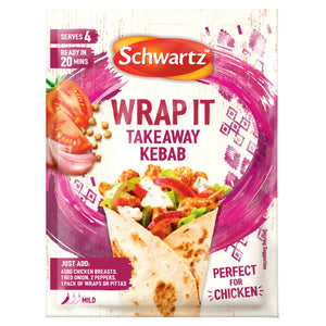 A package of Schwartz Wrap It Takeaway Kebab 30G seasoning mix featuring a vibrant illustration of a chicken kebab wrap with fresh tomatoes and garlic.