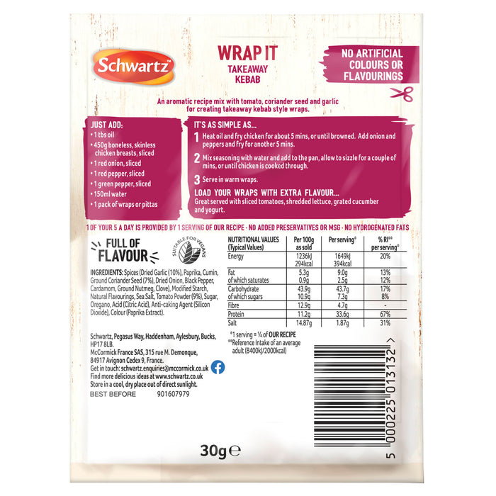 The back of a package for Schwartz Wrap It Takeaway Kebab 30G provides cooking instructions, a list of ingredients, and nutritional information for creating aromatic kebab style wraps.