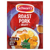A 25g packet of Schwartz Classic Roast Pork & Sage Gravy 25G featuring a serving suggestion of sliced pork with gravy, potatoes, and green beans.