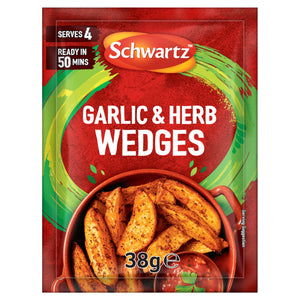 A red packet of Schwartz Garlic And Herb Wedges, 38G, is displayed in front of a terracotta bowl filled with seasoned potato wedges as a serving suggestion.