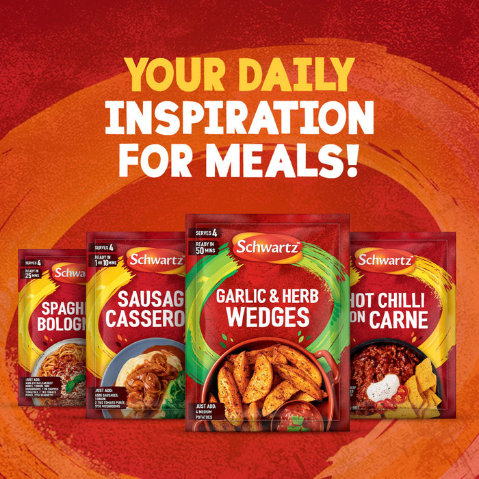 A promotional image with the headline Your Daily Inspiration for Meals features a packet of Schwartz Garlic And Herb Wedges, 38G, among other Schwartz recipe mixes to inspire easy dinners.