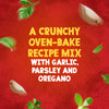 A promotional image for Schwartz Garlic And Herb Wedges, 38G, features the text 'A crunchy oven-bake recipe mix with garlic, parsley and oregano' against a red background, surrounded by floating garlic cloves and fresh herbs.