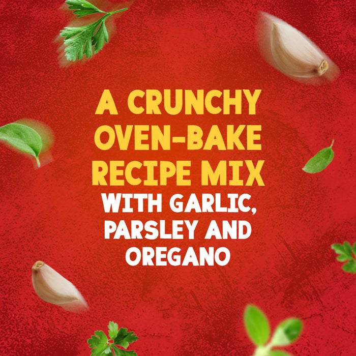 A promotional image for Schwartz Garlic And Herb Wedges, 38G, features the text 'A crunchy oven-bake recipe mix with garlic, parsley and oregano' against a red background, surrounded by floating garlic cloves and fresh herbs.