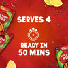 An advertisement for Schwartz Garlic And Herb Wedges, 38G, shows several packets on a red background with text indicating the meal serves 4 and is ready in 50 minutes.