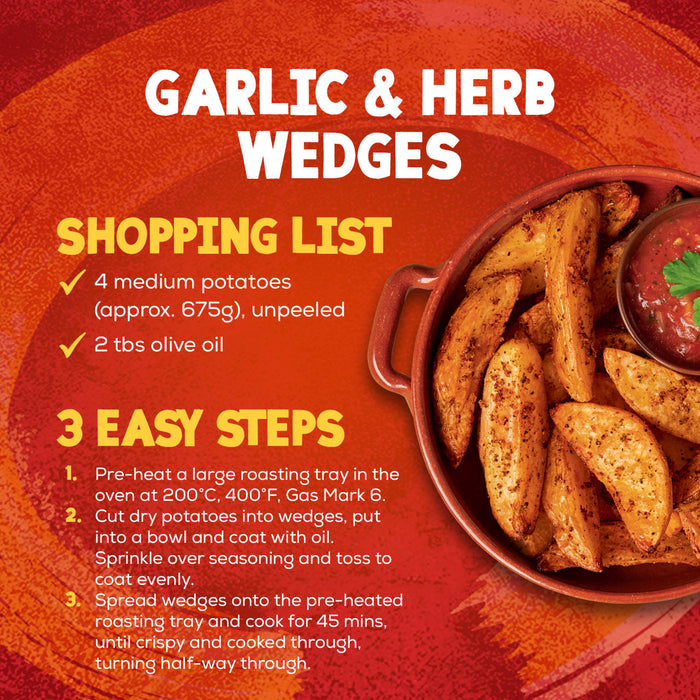 An infographic recipe card for Schwartz Garlic And Herb Wedges, 38G, shows the finished dish next to a shopping list and three easy cooking steps.