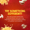 A promotional image for Schwartz Garlic And Herb Wedges, 38G, displays a recipe suggestion to mix the seasoning with grated cheese and butter to top mushrooms, surrounded by images of the ingredients on a red background.
