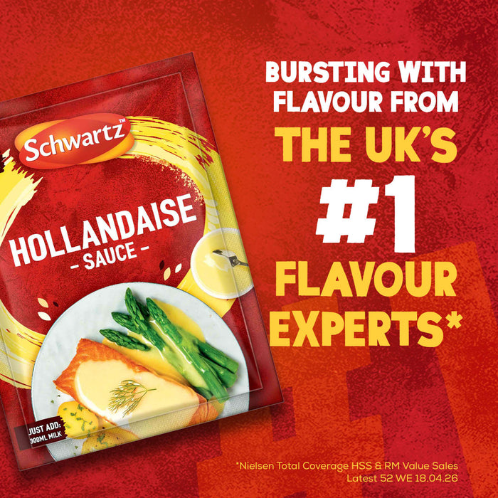 A promotional image features a packet of Schwartz Hollandaise Sauce Mix 25G next to text that reads, Bursting with flavour from the UK's #1 Flavour Experts.