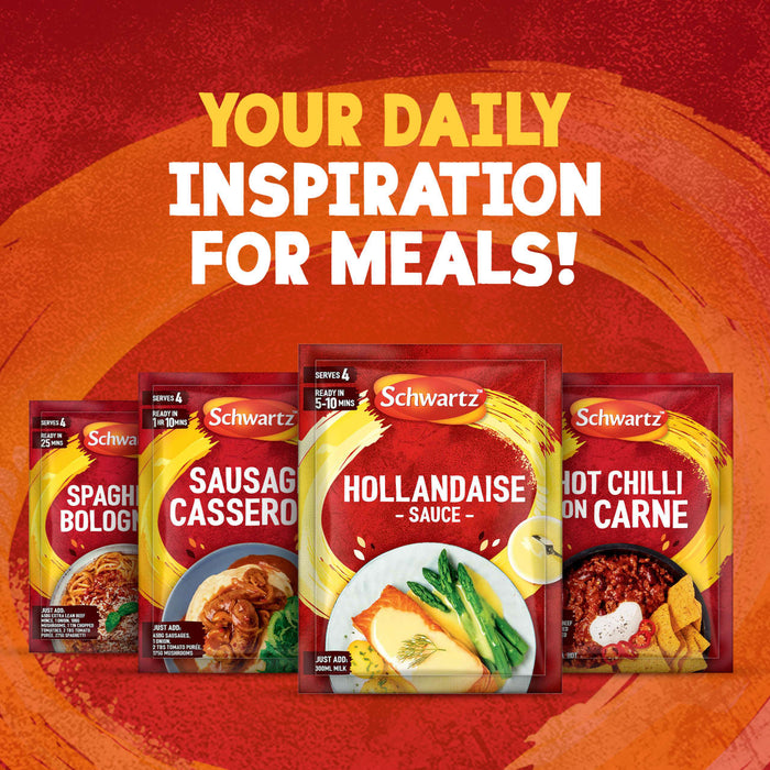 An advertisement with the text Your Daily Inspiration For Meals shows a packet of Schwartz Hollandaise Sauce Mix 25G alongside other Schwartz meal mixes like Spaghetti Bolognese, Sausage Casserole, and Hot Chilli Con Carne.