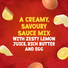 An advertisement for Schwartz Hollandaise Sauce Mix 25G shows its key ingredients, egg, lemon, and butter, floating against a red background with text describing it as a creamy, savoury sauce mix.