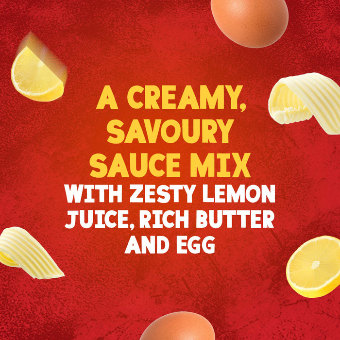 An advertisement for Schwartz Hollandaise Sauce Mix 25G shows its key ingredients, egg, lemon, and butter, floating against a red background with text describing it as a creamy, savoury sauce mix.