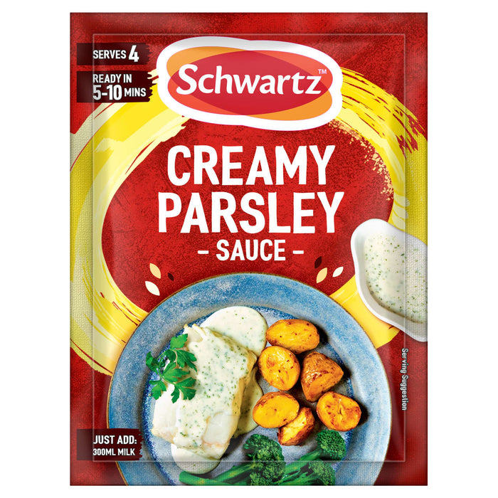 A red sachet of Schwartz Creamy Parsley Sauce 26G is shown next to a serving suggestion of the finished sauce poured over white fish with roasted potatoes and broccoli.