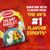 A promotional image displays a packet of Schwartz Creamy Parsley Sauce 26G alongside a prepared meal of fish and potatoes, with text proclaiming it is from the UKs number one flavour experts.