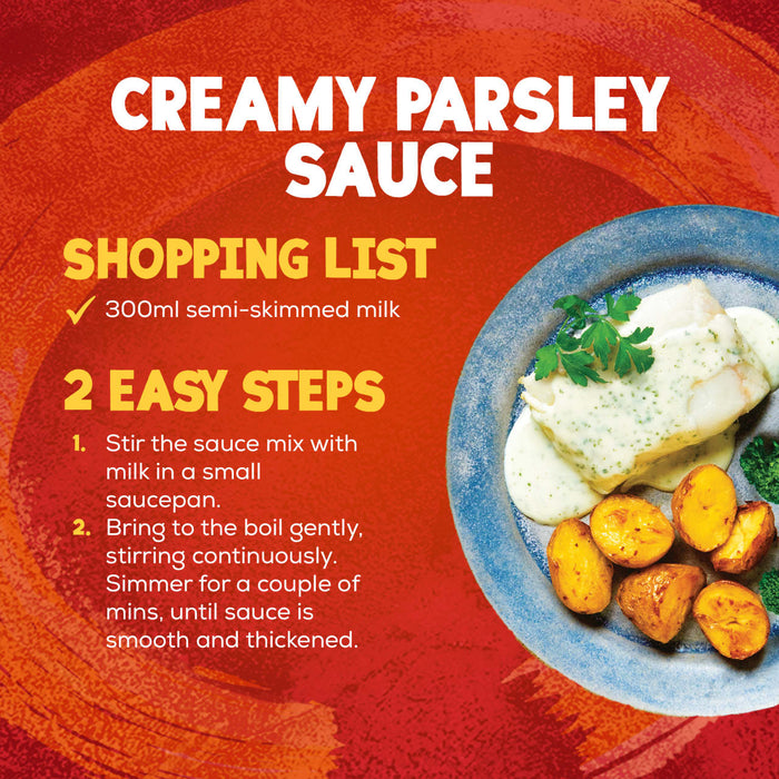 An infographic showing the simple 2-step recipe for Schwartz Creamy Parsley Sauce 26G, with a photo of the finished sauce served over fish and potatoes.