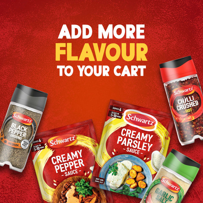 A promotional image encourages shoppers to add more flavour to their cart with a variety of Schwartz products, including a packet of Schwartz Creamy Parsley Sauce 26G, spices, and other sauce mixes.
