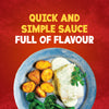 A delicious plate of fish, roasted potatoes, and broccoli is topped with a creamy Schwartz Creamy Parsley Sauce 26G, set against a red background with the text Quick and Simple Sauce Full of Flavour.
