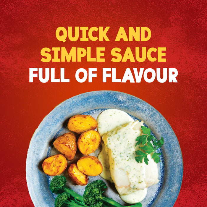 A delicious plate of fish, roasted potatoes, and broccoli is topped with a creamy Schwartz Creamy Parsley Sauce 26G, set against a red background with the text Quick and Simple Sauce Full of Flavour.