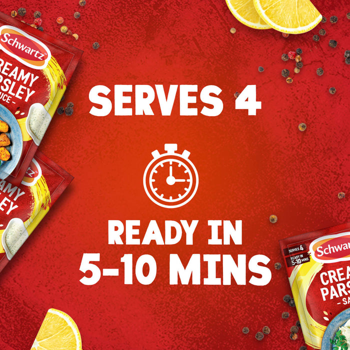 A promotional image for Schwartz Creamy Parsley Sauce 26G shows packets of the sauce mix on a red background, highlighting that it serves 4 and is ready in 5-10 minutes.