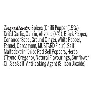 A detailed list of ingredients for Schwartz Cajun Seasoning 110G including spices like chilli pepper, cumin, and allspice along with herbs like thyme and oregano.